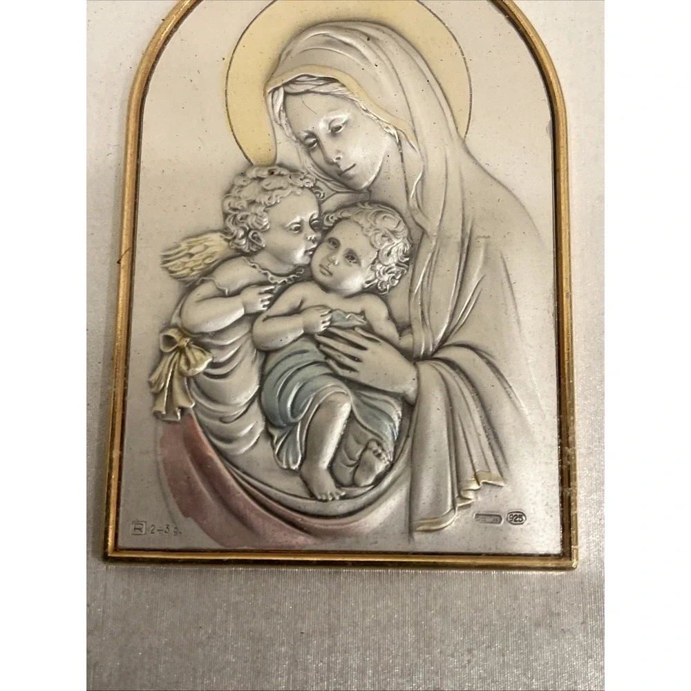 Italian Madonna & Child Icon .925 Sterling Silver Art w/ Painted Gold Frame‎ EUC